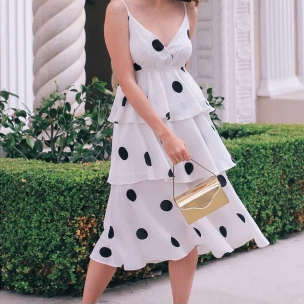 NWOT O.P.T Cava Tiered Black Polka-dot Midi Dress In White XS